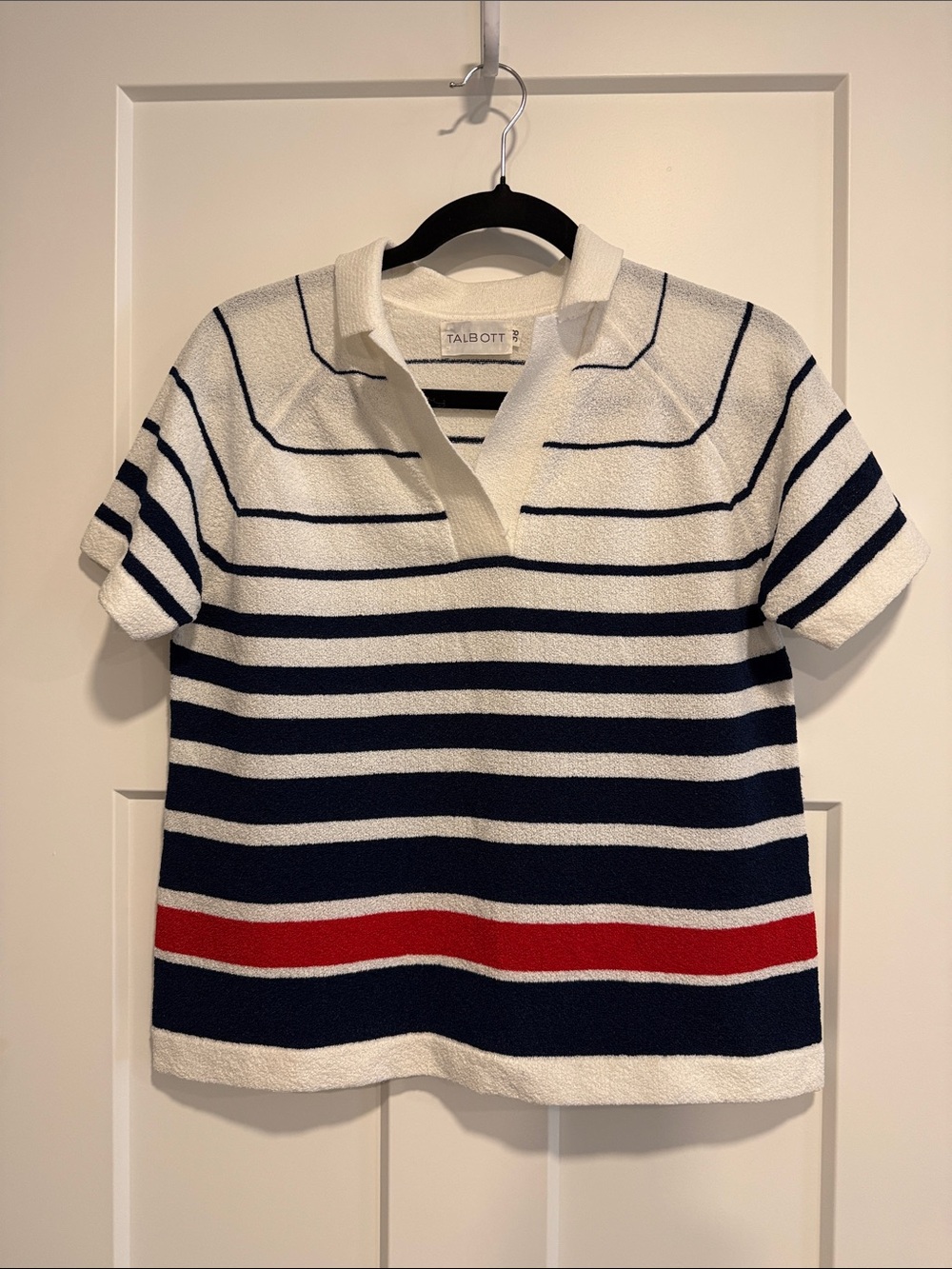 Talbots White Navy and Red Striped Short-Sleeve Polo Top